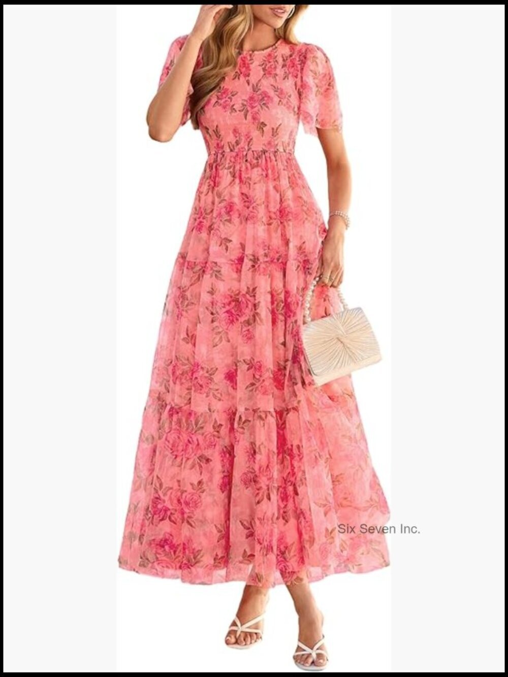 Tulle Floral Maxi Dress - Short Sleeve Flowy Smocked A-Line Summer Party Dress